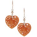 14k Gold Carved Red Jade Heart Dangling Earrings