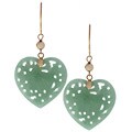 14k Gold Carved Green Jade Heart Dangling Earrings