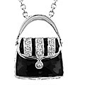 Silvertone Black Enamel CZ Purse Necklace