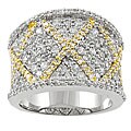 Sterling Silver Two-tone Cubic Zirconia Pave Ring with X Design