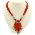 Red Serpentine, Silver Bead and White Pearl Necklace