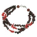 Three Strand Garnet, Red Coral, Carnelian and Silver Bracelet