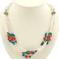 Turquoise, Red Coral, Silver and White Pearl Necklace