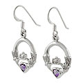 Sterling Silver Claddagh Earrings with Purple Hearts