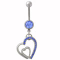 Steel Dangling Jeweled Hearts Curved Belly Barbell