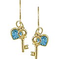 10k Gold Blue Topaz Heart and Key Dangle Earrings
