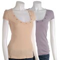 BCBGirls Tara Round Neck Tee Shirt with Button Detail