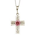 Sterling Silver Pink Rose and Diamond Cross Necklace