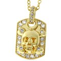 Goldtone Skull and Crossbones Dog Tag Cubic Zirconia Necklace