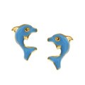 14k Yellow Gold Blue Enamel Dolphin Earrings