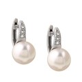 14k White Gold Pearl and Diamond Hoop Earrings (6.5-7 mm)