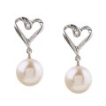 14k White Gold Pearl and Heart Post Earrings (6.5 mm)