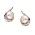 14k White Gold Pearl and Diamond Swirl Earrings (6.5 mm)