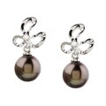14k White Gold Black Pearl And Bow Post Earrings (7.5-8 mm)