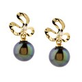 14k Yellow Gold Black Pearl And Bow Earrings (7.5-8 mm)
