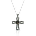 Silver Marcasite and Smokey Quartz Cross Necklace