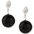14k White Gold Black Jade and Diamond Earrings
