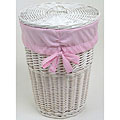 White Round Rattan Hamper with Pink Gingham Liner