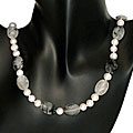 Pearl and Black Rutilated Quartz Bead Necklace (8-8.5 mm)