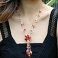 Stainless Steel Carnelian and Freshwater Pearl Necklace (5 mm ) (Thailand)