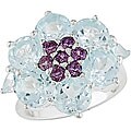Silver Blue Topaz and Rhodolite Flower Ring
