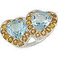 Silver Blue Topaz and Citrine Double Heart Ring