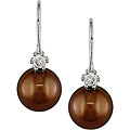 14k White Gold Brown Tahitian Pearl and Diamond Earrings (10-11 mm)