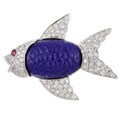 18k White Gold Lapis and 1 1/10ct TDW Diamond Fish Pin (J, VS2)