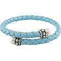Braided Light Blue Leather Freshwater Pearl Bangle (8-8.5 mm)