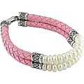 Pink Leather and White Pearl 2-row Bracelet (7-7.5 mm)