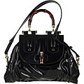 Gucci Black Coated Twill/ Red Bamboo Handbag