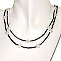 Sterling Silver Pearl/ Black Spinel Bead Necklace (8-9 mm)