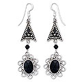 Sterling Silver 'Tribal Flower' Onyx Earrings (India)