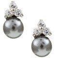 Sterling Silver CZ and Grey FW Pearl Stud Earrings (6.5-7 mm)