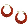 14k Yellow Gold Carved Red Jade Hoop Earrings