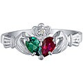 10k White Gold Created Emerald and Ruby Claddagh Ring