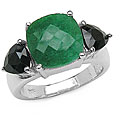 Silver Emerald and Black Sapphire 3-stone Ring (Size 7)