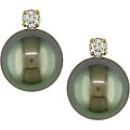 14k Gold Black FW Pearl and Diamond Earrings (7-7.5 mm)
