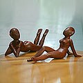 Set of 2 Wood 'Sunbathers' Statuettes (Indonesia)