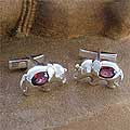 Sterling Silver Garnet 'Brave Elephants' Cuff Links (India)