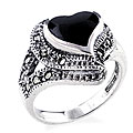 Sterling Silver Marcasite/Onyx Heart Ring, Size 5.5