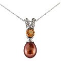 14k White Gold Brown FW Pearl and Citrine Necklace (7-7.5 mm)