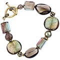 Goldtone Charming Life Green Art Glass and Smokey Quartz Bracelet