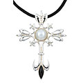 Sterling Silver Mabe Pearl and Onyx Cross Necklace (11 mm)