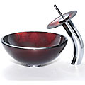 Kraus 14-inch Irruption Red Glass Sink and Waterfall Faucet Chrome