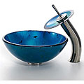 Kraus 14-inch Irruption Blue Sink and Waterfall Faucet Satin Nickel