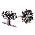 Sterling Silver 'Blue Sun' Blue Topaz Cuff Links (India)