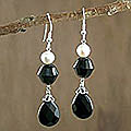 Silver Pearl and Onyx 'Grandeur' Drop Earrings (India)