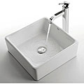 Kraus White Square Ceramic Sink and Ramus Bathroom Faucet Chrome