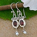 Silver Freshwater Pearl and Garnet Dangle Earrings (Indonesia)